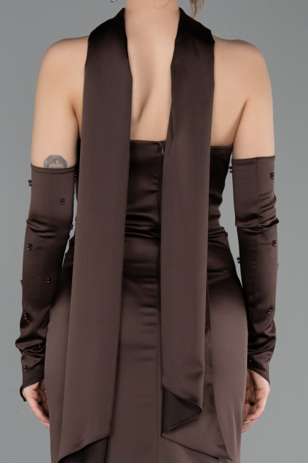 Robe de Soirée Longue Satin Brun ABU5944