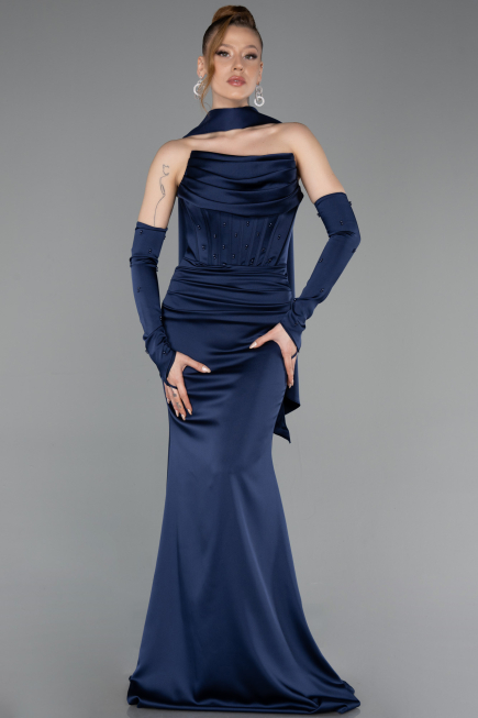 Robe de Soirée Longue Satin Bleu Marine ABU5944