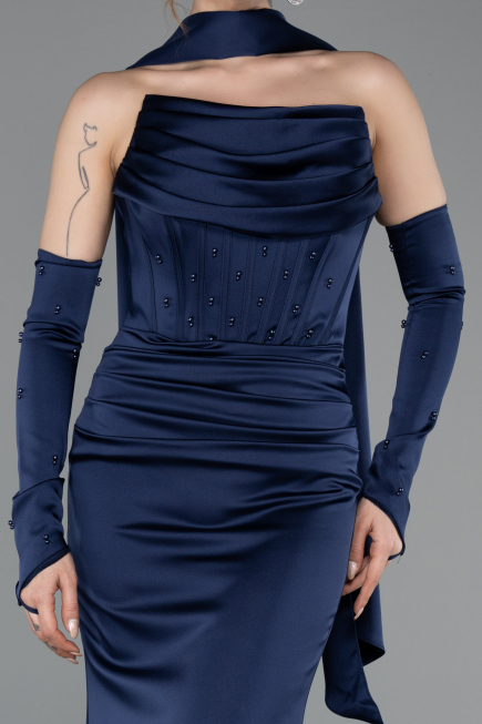 Robe de Soirée Longue Satin Bleu Marine ABU5944