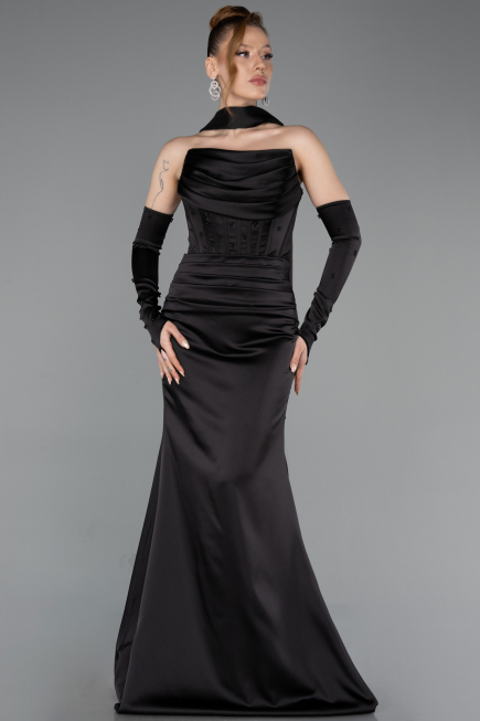 Robe de Soirée Longue Satin Noir ABU5944