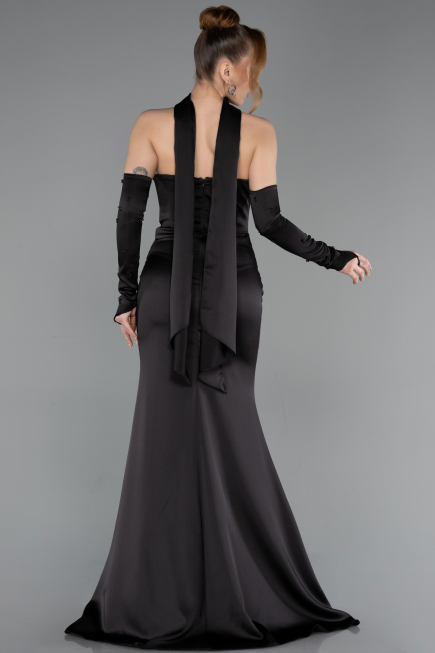 Robe de Soirée Longue Satin Noir ABU5944