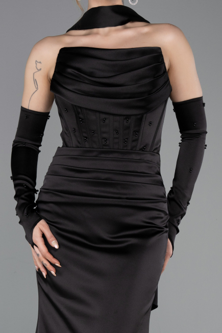 Robe de Soirée Longue Satin Noir ABU5944