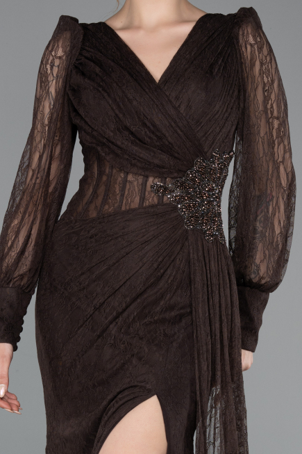 Robe de Soirée Longue Dantelle Brun ABU6016