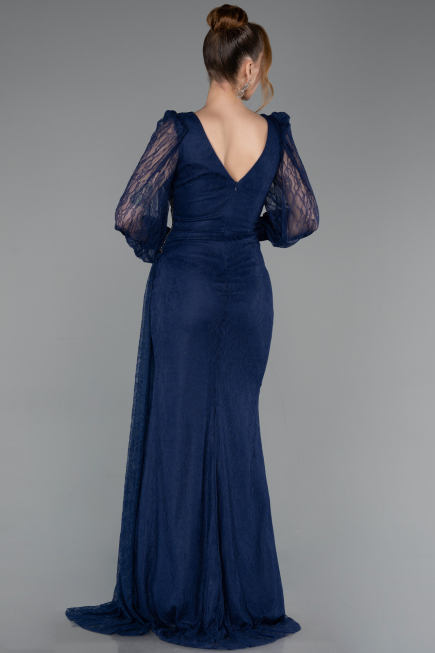 Robe de Soirée Longue Dantelle Bleu Marine ABU6016