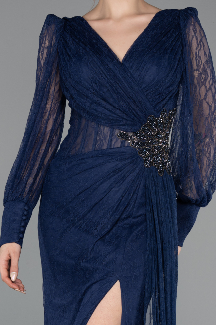 Robe de Soirée Longue Dantelle Bleu Marine ABU6016