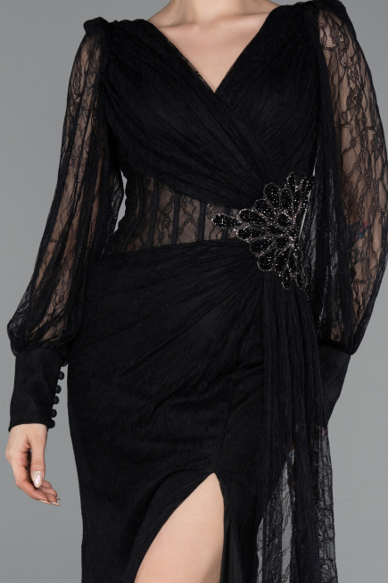 Robe de Soirée Longue Dantelle Noir ABU6016
