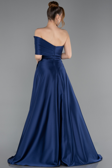 Robe de Soirée Longue Satin Bleu Marine ABU6019