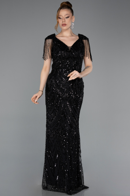 Robe de Soirée Longue Perlé Noir ABU5959