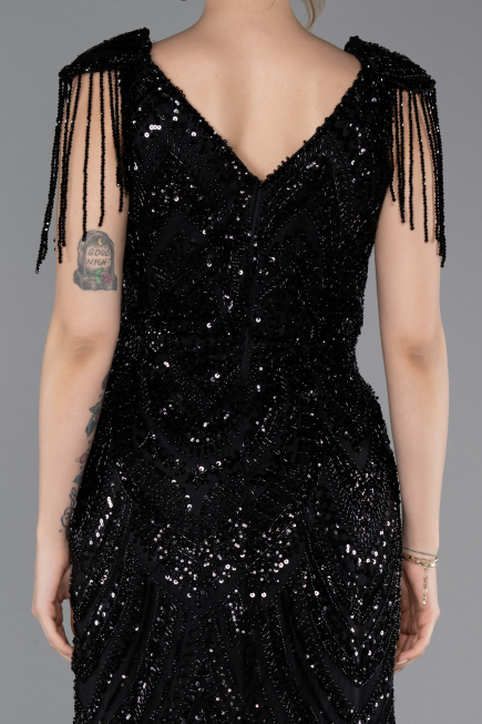 Robe de Soirée Longue Perlé Noir ABU5959