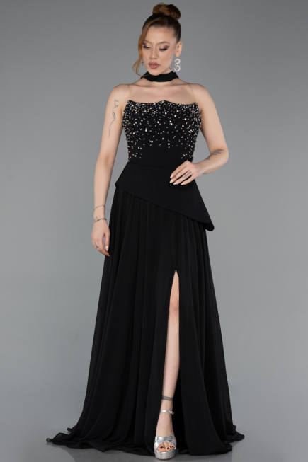 Robe de Soirée Longue Mousseline Noir ABU6018