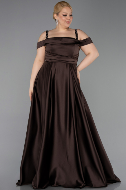 Robe De Fiançailles Grande Taille Satin Longue Brun ABU4207