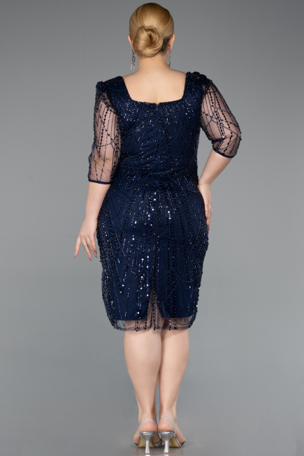 Robe De Invitation Grande Taille Midi Perlé Bleu Marine ABK2580