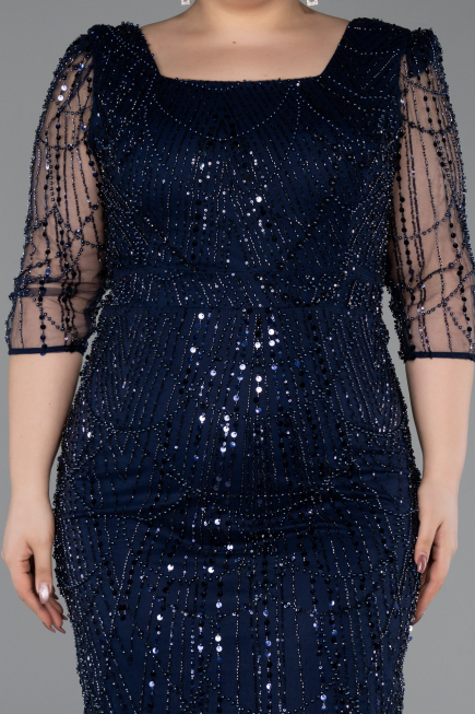 Robe De Invitation Grande Taille Midi Perlé Bleu Marine ABK2580