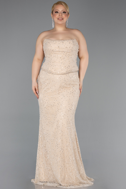 Robe De Soirée Grande Taille Longue Dantelle Beige ABU5994