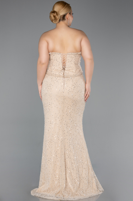Robe De Soirée Grande Taille Longue Dantelle Beige ABU5994