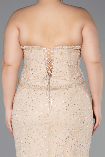 Robe De Soirée Grande Taille Longue Dantelle Beige ABU5994