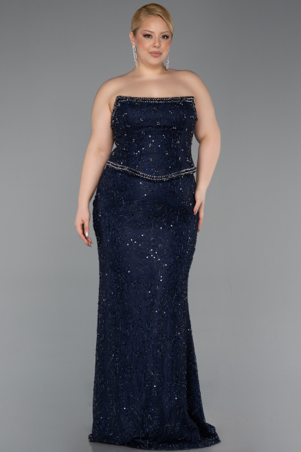 Robe De Soirée Grande Taille Longue Dantelle Bleu Marine ABU5994