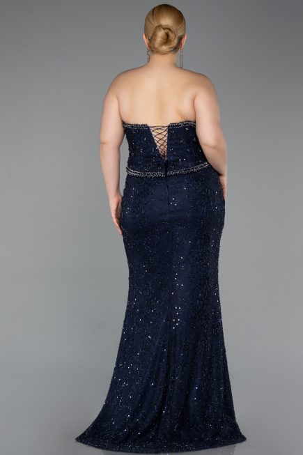 Robe De Soirée Grande Taille Longue Dantelle Bleu Marine ABU5994