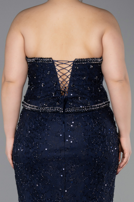 Robe De Soirée Grande Taille Longue Dantelle Bleu Marine ABU5994