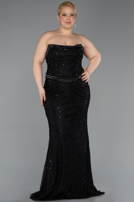 Robe De Soirée Grande Taille Longue Dantelle Noir ABU5994