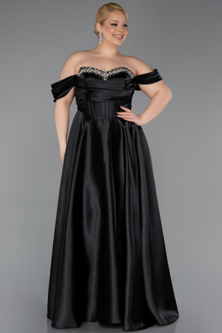 Robe De Soirée Grande Taille Longue Satin Noir ABU5726