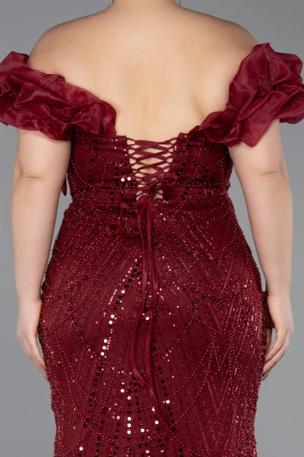 Robe Grande Taille Longue Perlé Rouge Bordeaux ABU5948