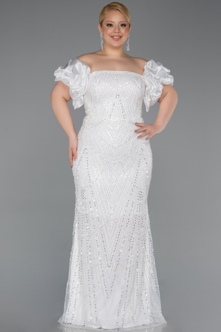 Robe Grande Taille Longue Perlé Blanc ABU5948