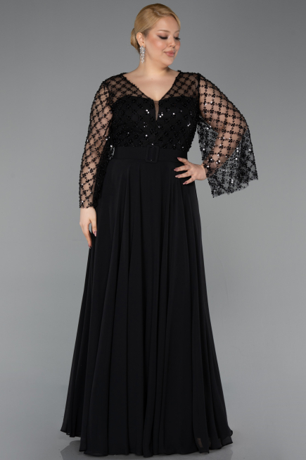 Robe De Soirée Grande Taille Mousseline Longue Noir ABU5875