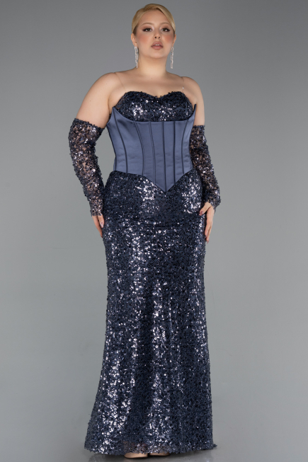 Robe De Soirée Grande Taille Longue Squameuse Anthracite ABU5928