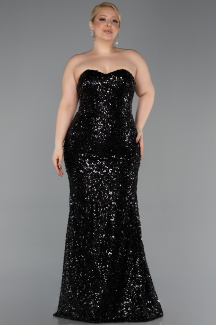 Robe De Soirée Grande Taille Longue Squameuse Noir ABU5928