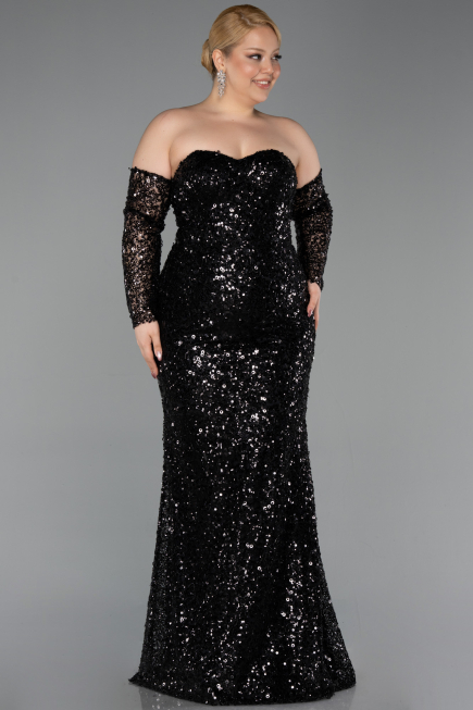 Robe De Soirée Grande Taille Longue Squameuse Noir ABU5928