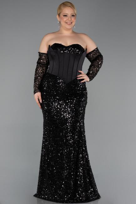 Robe De Soirée Grande Taille Longue Squameuse Noir ABU5928