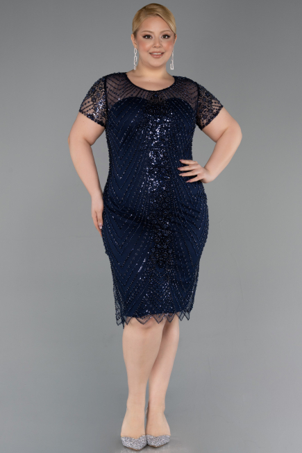 Robe De Invitation Grande Taille Courte Perlé Bleu Marine ABK2585