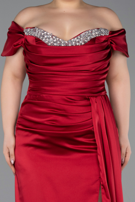Robe De Fiançailles Grande Taille Satin Longue Rouge Bordeaux ABU3655
