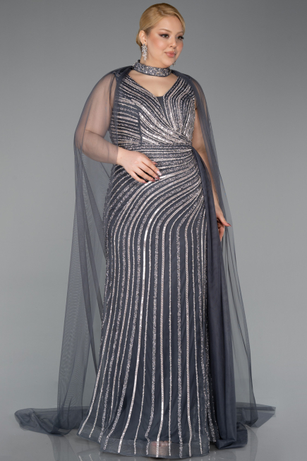 Robe de Soirée Grande Taille Longue Pierreux Anthracite ABU6024