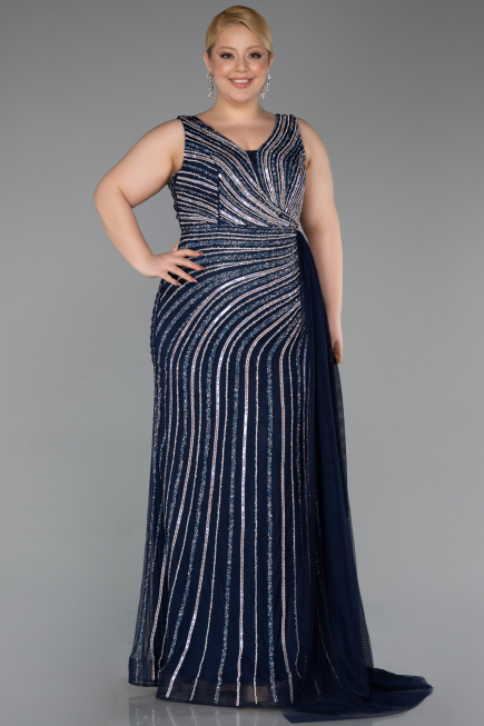 Robe de Soirée Grande Taille Longue Pierreux Bleu Marine ABU6024