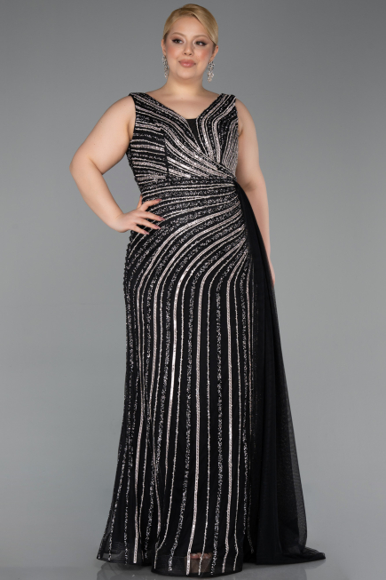 Robe de Soirée Grande Taille Longue Pierreux Noir ABU6024