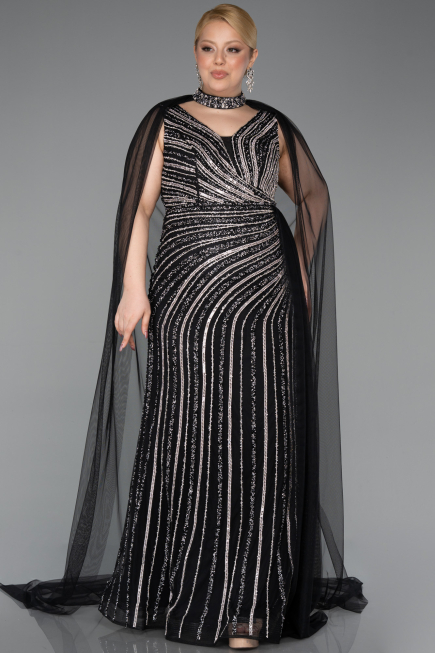 Robe de Soirée Grande Taille Longue Pierreux Noir ABU6024