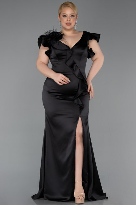 Robe De Soirée Grande Taille Satin Longue Noir ABU5877
