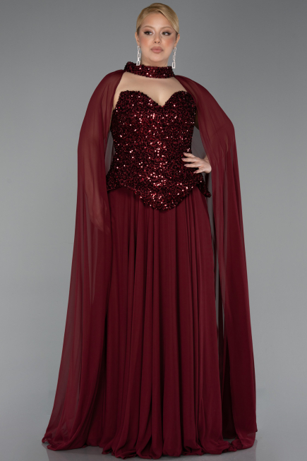 Robe De Soirée Grande Taille Longue Mousseline Rouge Bordeaux ABU5940