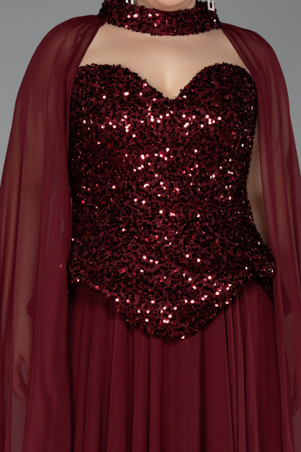 Robe De Soirée Grande Taille Longue Mousseline Rouge Bordeaux ABU5940