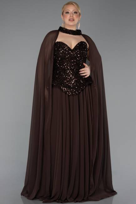 Robe De Soirée Grande Taille Longue Mousseline Brun ABU5940