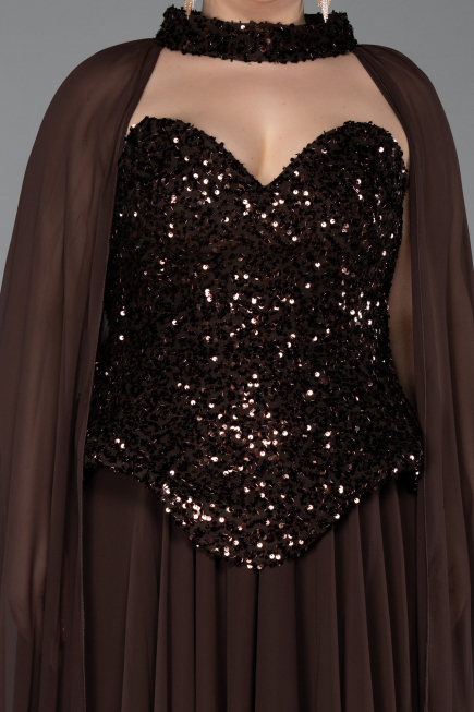 Robe De Soirée Grande Taille Longue Mousseline Brun ABU5940