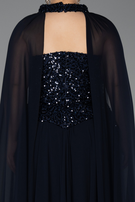 Robe De Soirée Grande Taille Longue Mousseline Bleu Marine ABU5940