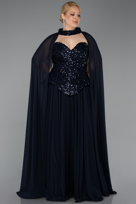 Robe De Soirée Grande Taille Longue Mousseline Bleu Marine ABU5940
