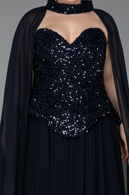 Robe De Soirée Grande Taille Longue Mousseline Bleu Marine ABU5940