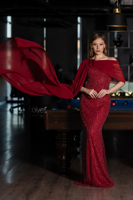 Robe de Soirée Longue Perlé Rouge Bordeaux ABU5816