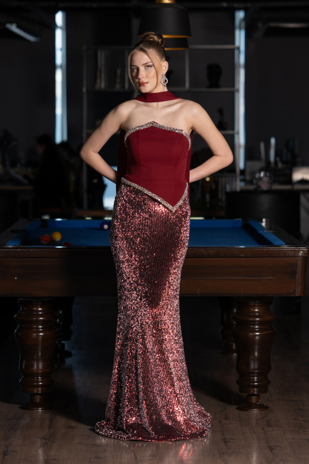 Robe Queue De Poisson Squameuse Longue Rouge Bordeaux ABU5703