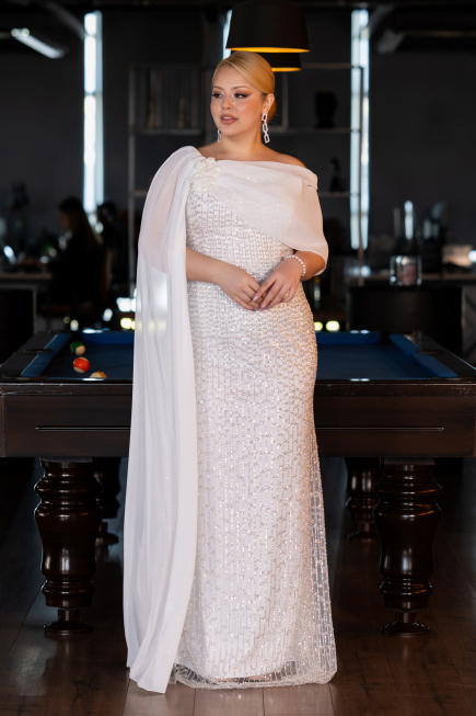 Robe de Soirée Grande Taille Longue Perlé Blanc ABU5819