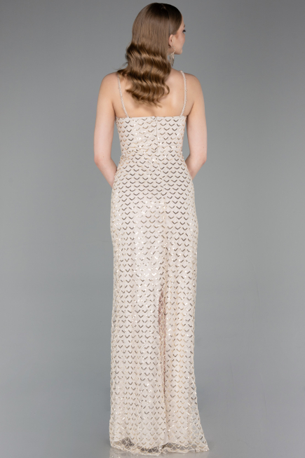 Robe de Soirée Longue Squameuse Beige ABU6039
